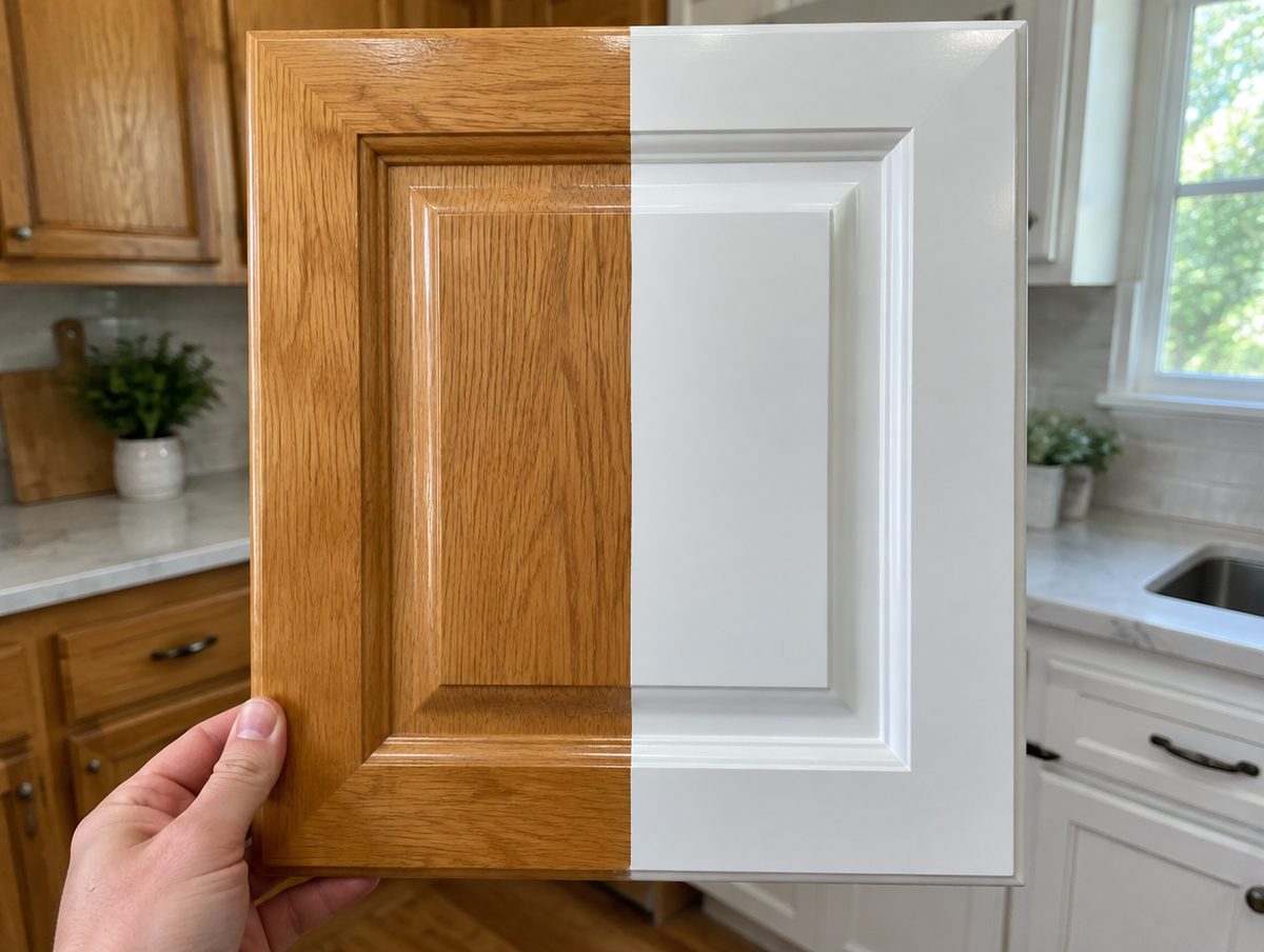 A cabinet door, half original oak and half refinished in satin white